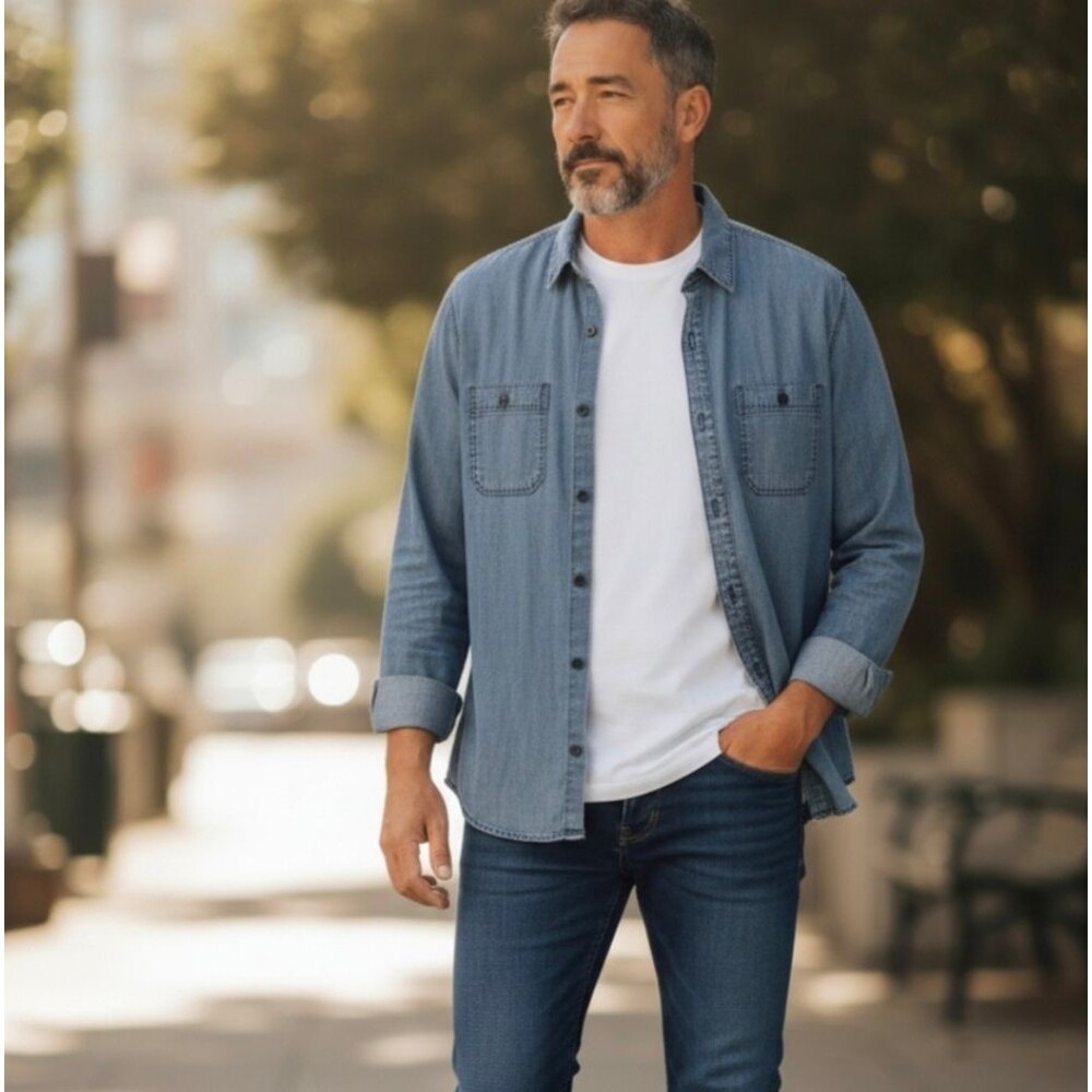 NWT Coolibar Men's 2XL Chambray Sun Protection Shirt UPF 50+ Blue new